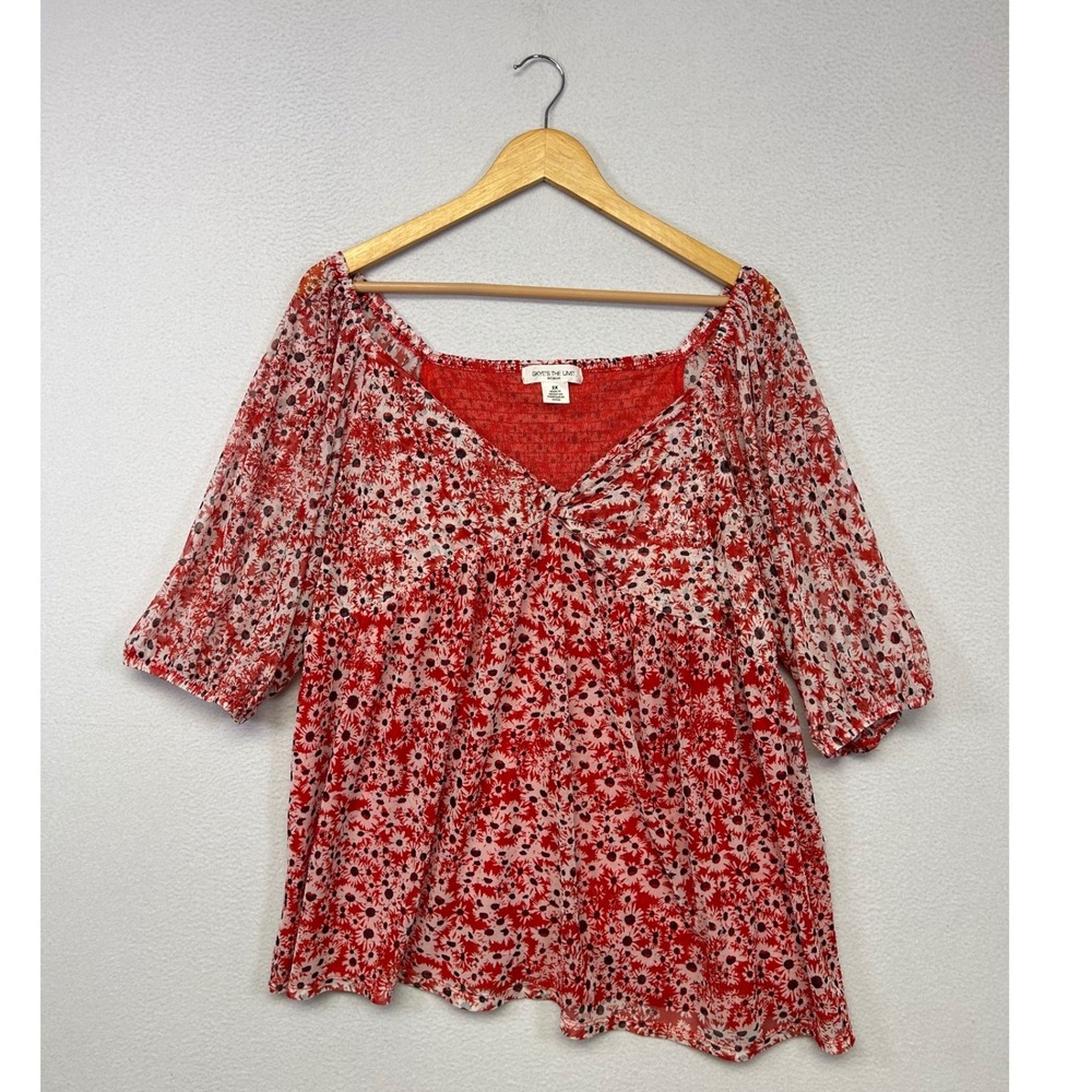 Cottagecore Boho Skye's The Limit Woman 2X Red Floral Mesh Smocked V-Neck Top
